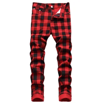 İlkbahar Sonbahar 2023 erkek Slim Fit Elastik Kot Moda Trendi Kırmızı Baskılı Ekose Düz Streetwear Denim Pantolon Erkek Kot