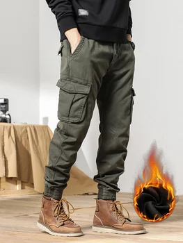 2023 Yeni Çok Cepler Kış Kargo Pantolon Erkekler İnce Astar Kalın Sıcak Slim Fit Joggers Streetwear Casual Pamuk Termal Pantolon