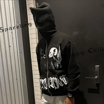 Y2k Gotik İskelet Hoodie Kadın Erkek Açı Streetwear Uzun Kollu Tişörtü Techwear Siyah Koyu Ter Homme Harajuku Giyim