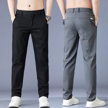 İlkbahar Yaz erkek İnce Rahat pantolon Kaliteli İş İş Pantolon Elastik Bel Aplikler İnce Düz Fit Pantolon Erkek