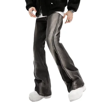 Amerikan sokak retro degrade renk fermuar alevlendi kot sıcak satış gelgit erkek düz bacak pantolon
