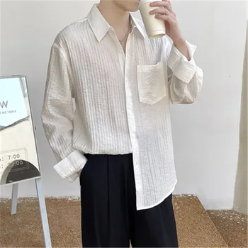 Erkekler için rahat Gevşek Gömlek Camisa Kore Uzun Kollu Sosyal Gömlek Büyük Boy Yumuşak Güneş Koruyucu Bluzlar Düz Renk Erkek Giyim