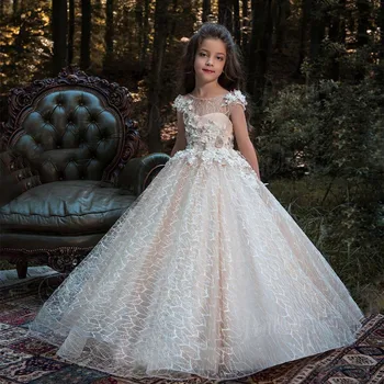 Tül Dantel 3d Aplike Kolsuz Çiçek Kız Elbise Düğün İçin Zarif Prenses Çocuk Doğum Günü Balo Balo İlk Communion Abiye