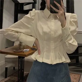 QWEEK Vintage Zarif Kadın Bluz Harajuku kadın Gömlek Tunikler Kore Tarzı Uzun Kollu Üstleri Ince Şık Tiki Moda Giyim