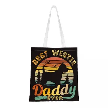 En iyi West Highland Beyaz Terrier Baba Hiç Vintage Westie Tuval omuzdan askili çanta Kadın Alışveriş Çantaları Büyük Kapasiteli Tuval Tote