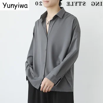 Uzun Kollu Gömlek Erkekler Moda Katı Artı Boyutu 3XL Sosyal Resmi Iş Ipek Yakışıklı Kore Eğlence Temel Basit Şeffaf Camisa