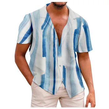 2023 Yaz Kısa Kollu Gömlek Erkekler İçin Moda Rahat Kısa Kollu Düğme Gömlek Vintage Gevşek Çizgili Gömlek Bluzlar рубазка
