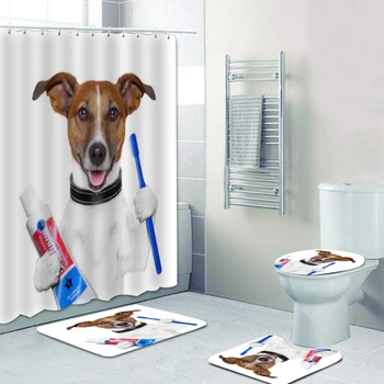 Komik Hayvan Kediler Köpekler Diş Fırçası ile Banyo Aksesuarları Ev Dekor Yavru Köpek Duş Perdesi Banyo Perdesi ve Banyo Paspasları