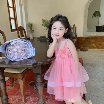 2023 Yaz Prenses Tarzı Tatlı Çocuk Elbise Yelekler Dantel Güzel Moda Yeni Tasarım Çiçek Yumuşak Kızlar için