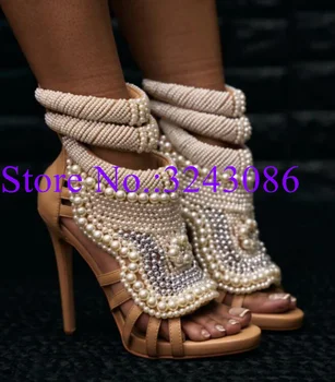 Lüks Benzersiz Tasarım İnci Dekor Sandalet Kadın Moda El Yapımı Peep Toe Dize Boncuk Bayan Pompaları Yeni Yaz 2023 Kadın Yüksek Topuk