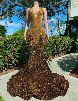 Sparkly Pullu Lüks Uzun balo kıyafetleri 2023 Siyah Kız İçin Seksi Şeffaf Üst Ağır Rhinestone Elmas Mermaid Kadınlar Partisi Törenlerinde