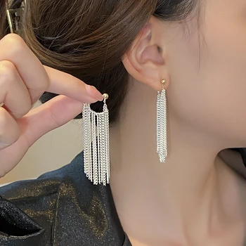Kore Yeni Tasarım moda takı Gümüş Renk Zinciri Uzun Püskül Küpe Zarif kadın Parti Aksesuarları