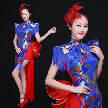 Çin Etnik Takım Elbise Davul Kostüm Klasik Dans Performansı Giyim Kadın Modern Dans Cheongsam Fan Dans Giyim