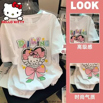 Kawaii Hello Kitty Sanrio T-shirt Kadın Gevşek Estetik Üstleri Y2k Karikatür Grafik Baskı Tee Çift Anime Elbise Büyük Boy Kadın