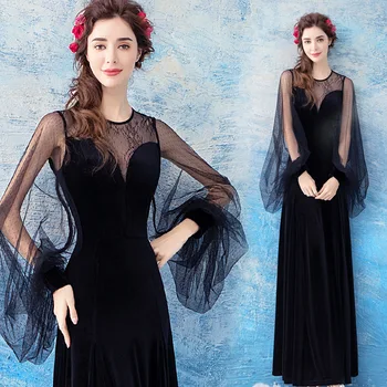 Seksi Siyah Gece Elbisesi Fener Kollu Zayıflama Bel Fishtail Fermuar Siyah düğün elbisesi 2020 İlkbahar yaz elbisesi