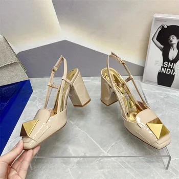 Yaz Metal Dekorasyon Kadın Ayakkabı Tıknaz Topuk Pompaları Arkası Açık İskarpin Parti Pompaları Bayan bağcıksız ayakkabı Mat deri Kare Ayak