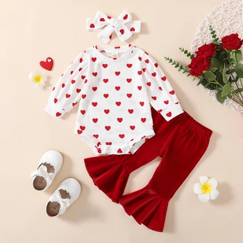 FOCUSNORM 0-18M 3 adet Bebek Kız Giysileri Setleri Sevgililer Günü İçin Kalp Baskı Uzun Kollu Romper + Kadife Flare Pantolon