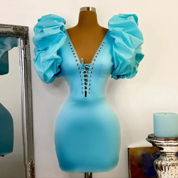 Tasarımcı Saten Gök Mavisi balo kıyafetleri Ruffles Puf Kollu V Boyun Çapraz Kayış Kadın Parti Kokteyl Elbiseleri Artı Boyutu Özel