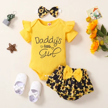 Bebek kız monogrammed kısa kollu ayçiçeği çift etek şort sevimli moda elbise
