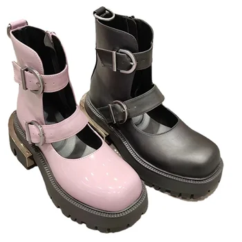Pompa Mary Janes Ayakkabı Yeni parti ayakkabıları Moda Pompa Yuvarlak Ayak Kalın Tabanlı Yüksek Topuklu Platformu Patent Deri serin botlar Ayakkabı