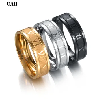 UAH 6mm 316L Paslanmaz Çelik Düğün Band Yüzük Romen Rakamları Altın Siyah Serin Punk Yüzükler Erkekler Kadınlar için moda takı