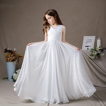 Şifon Çiçek Kız Elbise A-LİNE Kolsuz V Yaka Kat Uzunlukta Prenses Pageant Balo elbisesi Düğün Nedime Balo Parti