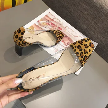 seksi leopar yüksek topuklu ayakkabı kadın tasarımcı patchwork şeffaf pompaları kadın kare ayak garip topuklu tacones de mujer