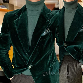 Yeşil Kadife Blazer İngiliz Şık Erkek Blazer Takım Elbise Ceket İş Rahat Blazer Ceket Terno Masculino Erkek Düğün Blazer