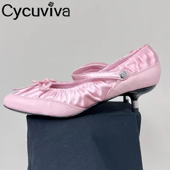 Yeni İpek bale ayakkabıları Kadın Yuvarlak Ayak Yay Düğüm Elastik Bant Tasarımcı Düşük Topuk Elbise Ayakkabı Yaz Seksi Parti Elbise Ayakkabı Kadın