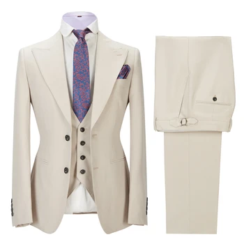 Bej erkek Takım Elbise Tek Göğüslü Tepe Yaka Ceket İş günlük giysi Ceket Damat Düğün Smokin 3 Parça (Blazer + Yelek + Pantolon)
