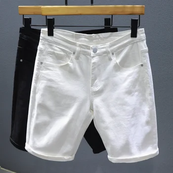 Klasik Beyaz Siyah Kot Şort Erkekler Yaz İnce Kore Trend Düz Diz boyu Beş noktalı Pantolon Marka Giyim Kot Kısa