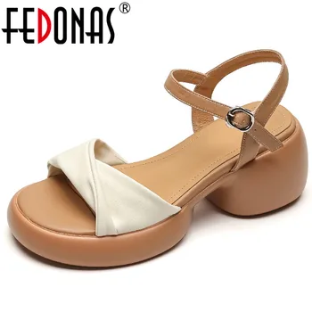 FEDONAS 2023 Yaz Kadın Sandalet Moda Yeni Varış Karışık Renkler Hakiki Deri Platformu Kalın Topuklu Parti rahat ayakkabılar Kadın
