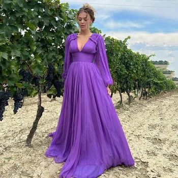 ANGELSBRIDEP V Yaka Uzun Akşam Partisi Törenlerinde Şifon Vestidos De Festa Moda Pleats Kat-Uzunluk Uzun Kollu Balo Elbise sıcak