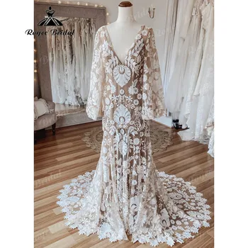 Uzun Puf Kollu Boho Dantel Bohemian Mermaid Plaj düğün elbisesi Aç Geri 2023 Robe Mariee Kuş Önlük Kadınlar için Roycebridal