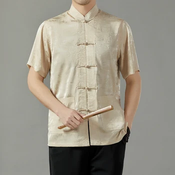 Yüksek kaliteli Çin Tang Takım Elbise Erkek Jakarlı Gömlek Yaz Kısa kollu oryantal tişört Kung Fu Taiji Ceket erkek Ceketleri