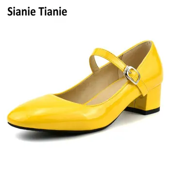 Sianie Tianie 2020 ilkbahar yaz patent PU deri sarı beyaz kızlar ayakkabı toka kayış bayan elbise med topuklu mary janes pompaları