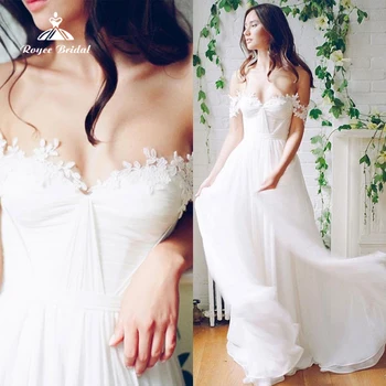 Boho Basit Sevgiliye Dantel Kapalı Omuz Plise Şifon A-Line düğün elbisesi 2023 Plaj gelinlikler Süpürme Vestidos De Novia