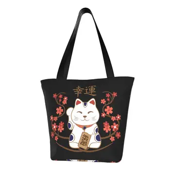Sevimli Maneki Neko Kedi Iyi Şanslar Kanji bez alışveriş çantaları Geri Dönüşüm Tuval Bakkal Alışveriş omuzdan askili çanta
