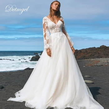 Detmgel 2023 Yeni Muhteşem Beyaz / Fildişi V Boyun Bir Çizgi düğün elbisesi Vintage Uzun Kollu Boncuklu Aplike Fırça Tren gelin elbiseleri