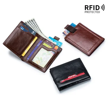 RFID kartlıklı cüzdan Erkekler için Kredi Kartı Para Çantası Çanta İş Erkek Hakiki Deri Pullout Kart Sahibi İnce küçük cüzdan