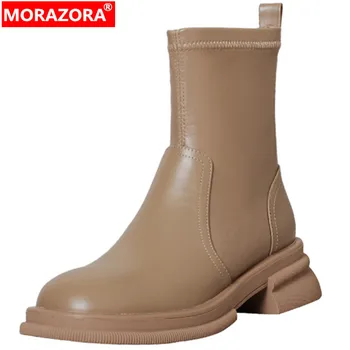 MORAZORA 2022 Boyutu 34-42 Yeni Hakiki Deri Chelsea Çizmeler Kadın Ayak Bileği Kışlık botlar Fermuar Kare Yüksek Topuklu platform ayakkabılar