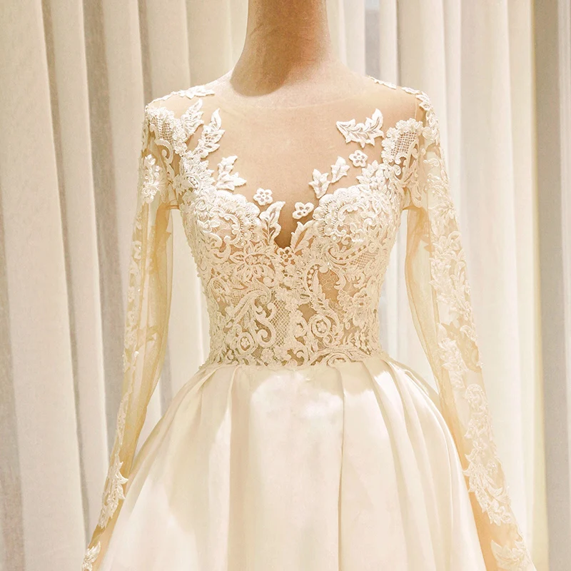 Vintage düğün elbisesi Bir Çizgi Şeffaf Çıplak tül Uzun Kollu Dantel Aplike Robe De Mariee Gelinlikler gelinlik