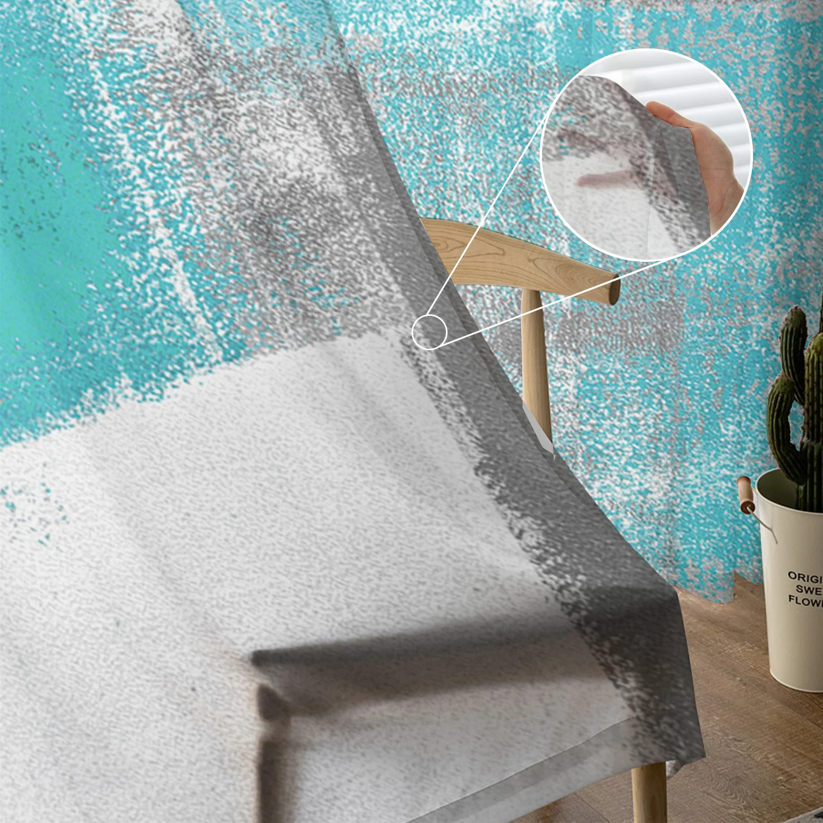 Mavi Geometrik Soyut Ekleme Yağlıboya Sırf Perdeleri Oturma Odası Yatak Odası Pencere Tedavi Mutfak Şifon Perde