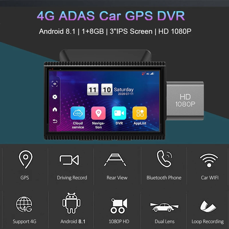 Anfilite 3 inç 4G Android 8.1 GPS Navigasyon ADAS dashcam FHD 1080P Araba video Kaydedici WiFi GPS Uzaktan izleme