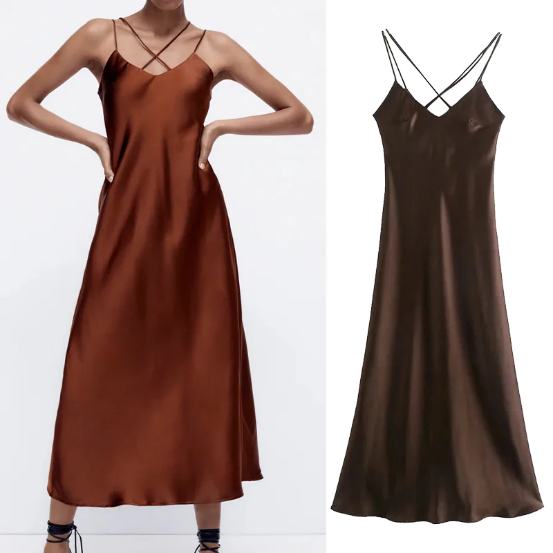 Za Moda kahverengi Kayma Elbise Kadınlar Cut Out Midi Parti Elbiseler Kadın Yaz 2021 uzun elbise Kadın Dantelli Seksi Abiye