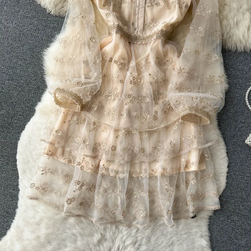 Vintage Midi Elbise Kadınlar için Tüvit Dantelli Örgü Patchwork Lüks Ruffles Nakış Kadın Tarf Standı Yaka Tatil