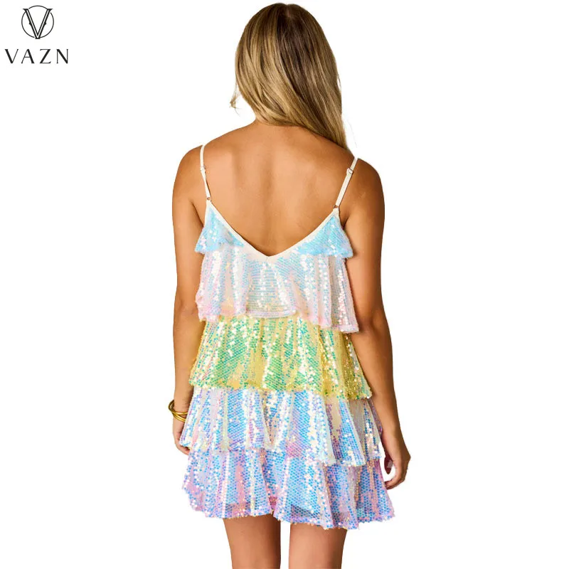 VAZN 2023 Moda Yeni Kadın Rahat Sokak Stili kısa elbise Kolsuz V Boyun Elbise Bayan Pullu Mini Kısa Elbise