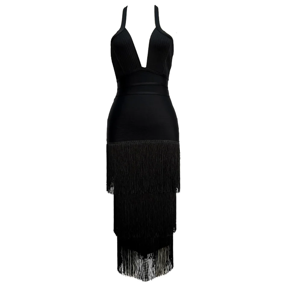 Yeni siyah ince elastik bandaj etek elbise moda Püskül kolsuz uzun parti elbise