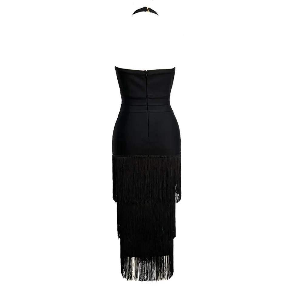 Yeni siyah ince elastik bandaj etek elbise moda Püskül kolsuz uzun parti elbise