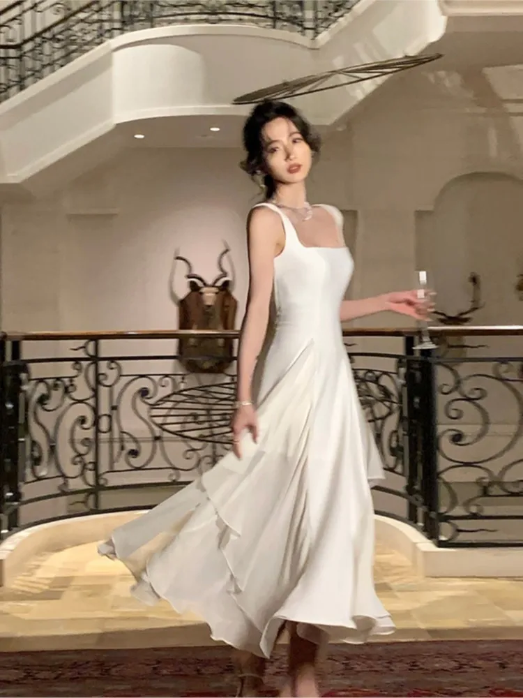 Kadın Fransız Zarif Kare Boyun Ruffles Elbiseler Yaz Yeni Bir Çizgi Akşam Parti Beyaz Elbiseler Moda Prenses Doğum Günü Elbise